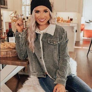 NEW Matte Green Corduroy Wool Blend Lined Collar Jacket